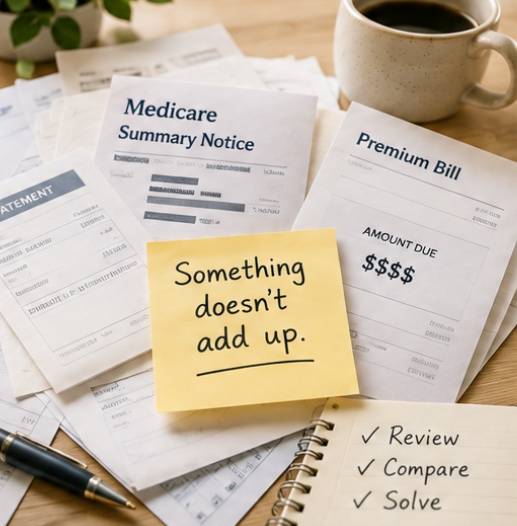 Medicare documents on a desk with a sticky note reading Something doesn't add up